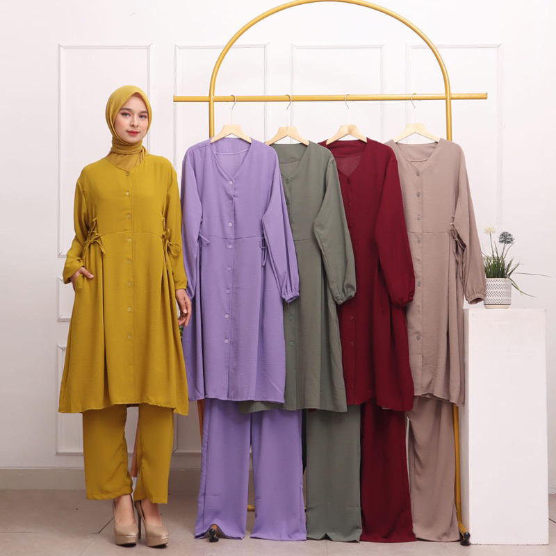 SETCEL CRINKLE LONG TUNIK DRESS FULL KANCING BUSUI FRIENDLY IKAT SAMPING LOVIA MURAH POLOS GROSIR