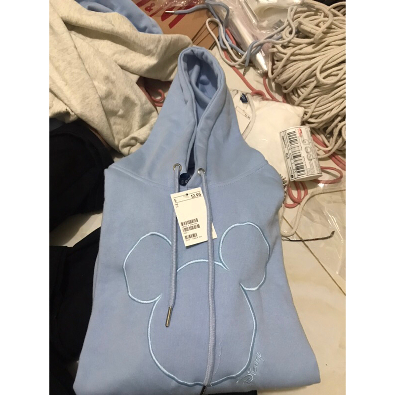 (9.9) Hoodie H&amp;M Mickey Disney Light Blue Bordir Unisex HnM Pria Wanita Full Tag