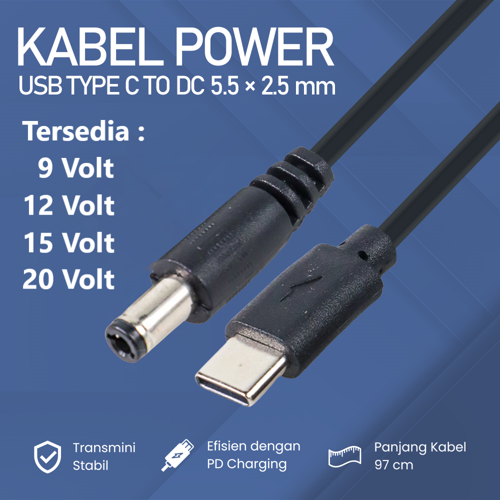 Kabel Power USB Type C to DC 5.5 x 2.5 mm PD Charger Router CCTV - PA12M - Black