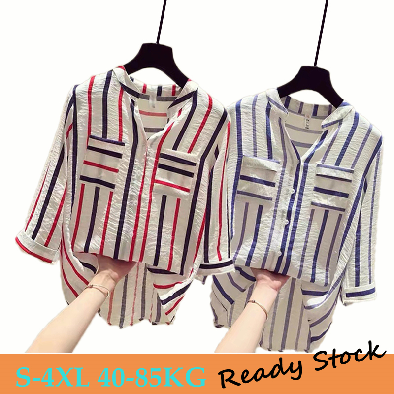 Stok bersih!Bisa COD S-4XL Ready Kemeja Wanita V-Neck Lengan 3/4 Garis-garis Atasan Katun Linen Longgar Shirt