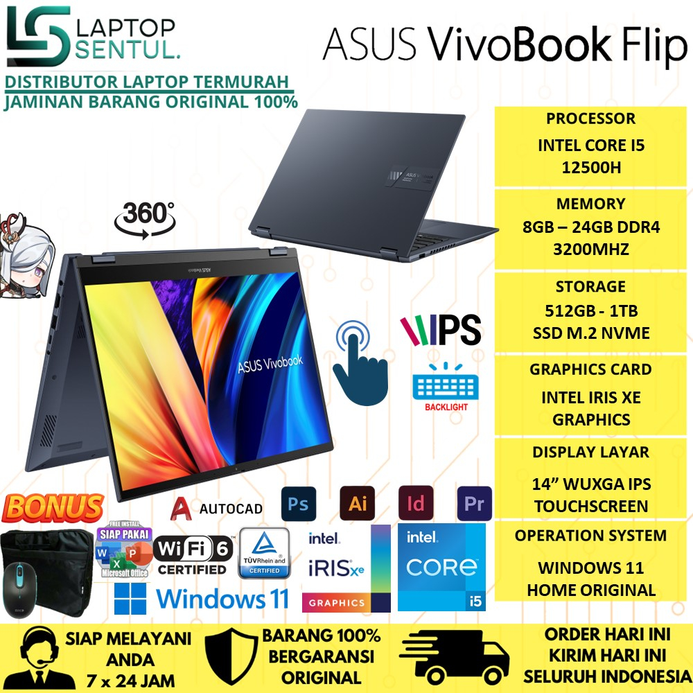 Laptop Asus Vivobook Flip S14 TP3402ZA 2in1 Intel I5 12500H RAM 24GB SSD 1 TB WUXGA IPS Touch Windows 11 Original