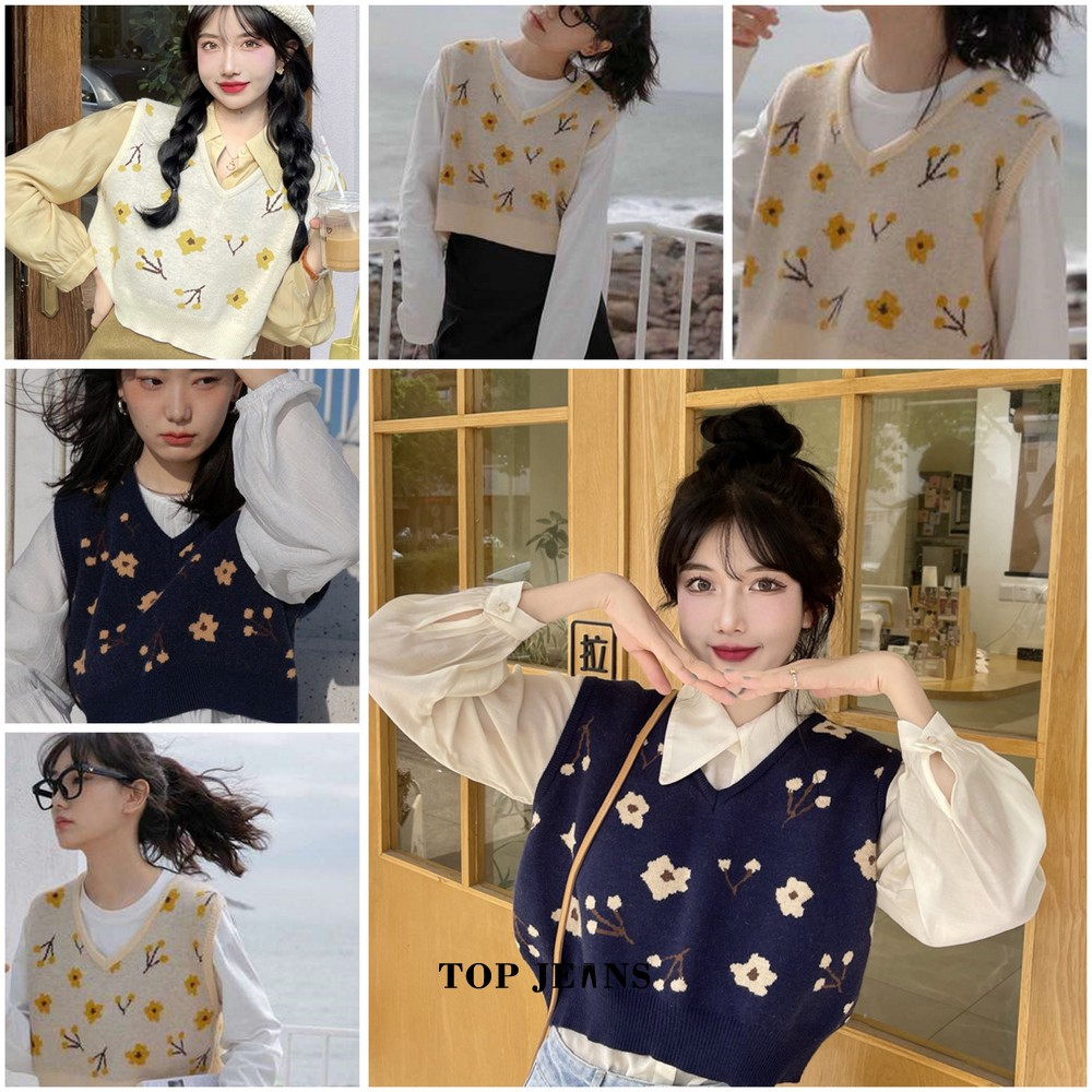 Rompi Vest Rajut Wanita Vneck Knit Sweater Rajut Tanpa Lengan Motif Bunga / Atasan Rajut Flower Vest