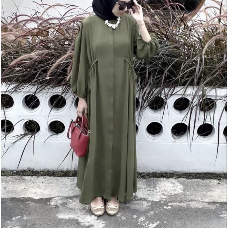 Gamis Midi Dress Polo Linen Tali Pinggang- Gamis Terbaru- Gamis Wanita