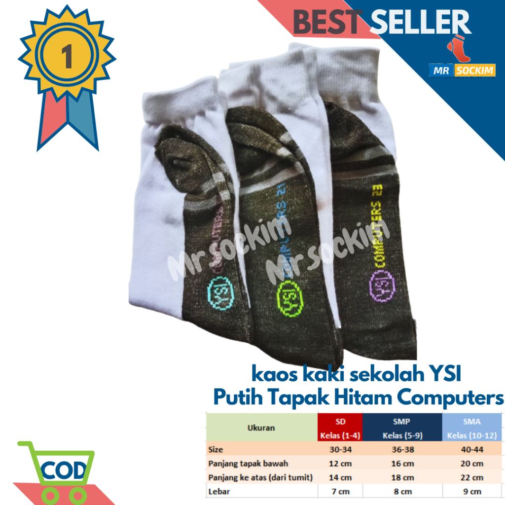Kaos Kaki Sekolah Sd Smp Sma Putih Tapak Hitam YSI Computers Spandek