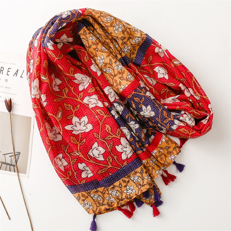 ITSFRIDAY YUMNA Scarf - Premium Pashmina Shawl Selendang Syal Pasmina Hijab Import Motif Red Flower Clasic Tassel