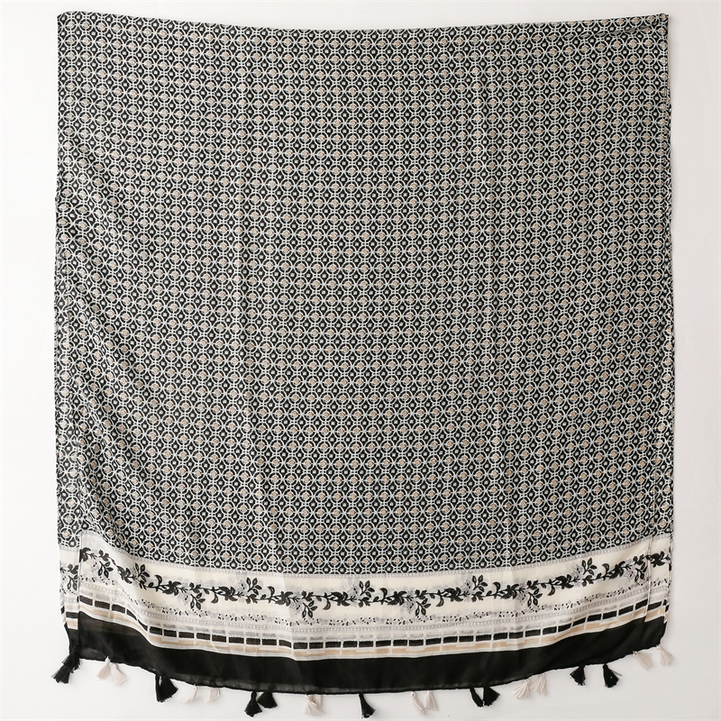 ITSFRIDAY OCHA Scarf - Premium Pashmina Shawl Selendang Syal Pasmina Hijab Import Motif Etnik Clasic Black and White Tassel