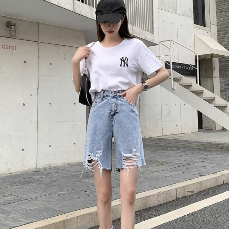 2023 New Highwaist Loose Celana Pendek Jeans Wanita Korea Style