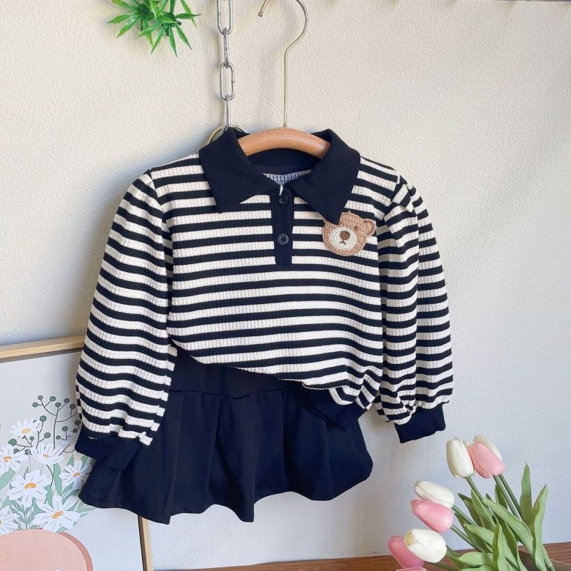 Set Rok Mini Kaos Salur Hitam Anak Perempuan /Stelan Anak Perempuan Kaos Salur/Set Rok Kaos Import