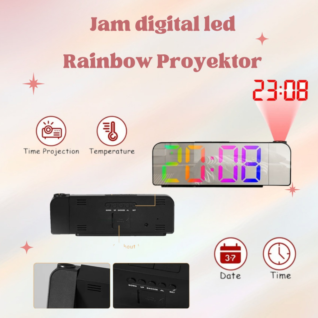 JD-8013 Jam Digital Proyektor Warna Rainbow Jam Meja LED Smart Alarm Design Simple dan Elegant Fitur Snooze Ada Suhu &amp; Kalender