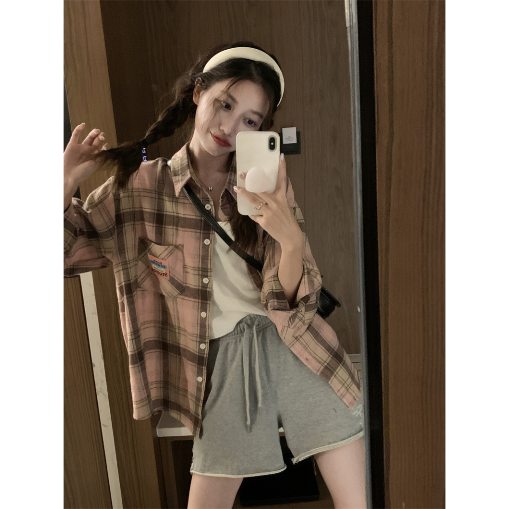 Korea Style Fashion Kemeja Panjang Kasual Atasan Baju Wanita Plaid Blouse Shirt