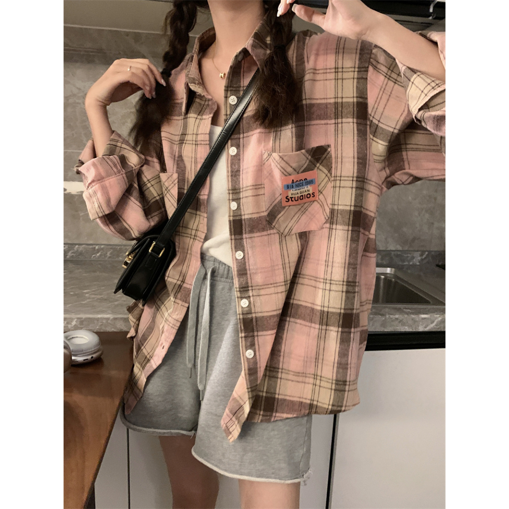 Korea Style Fashion Kemeja Panjang Kasual Atasan Baju Wanita Plaid Blouse Shirt