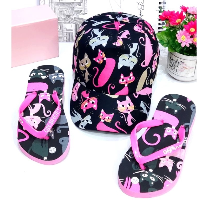 Paket Sandal Anak Cewek Topi Anak Perempuan Jepit Anak Motif Kucing Hitam Lucu 1 - 10 tahun