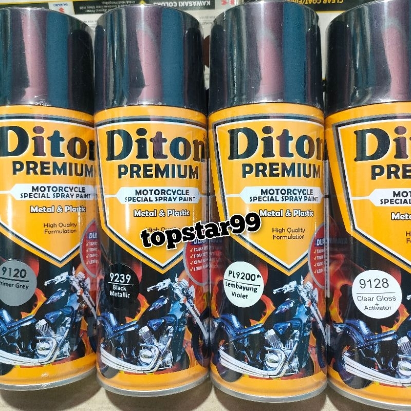 Diton Premium Paket Lengkap 4 Kaleng 400cc Hitam Metalik Lembayung Violet Ungu 9200 Primer Grey 9120 Black Metalic 9239 Clear Glossy 9128 Pilox Pilok Cat Semprot Spray Paint