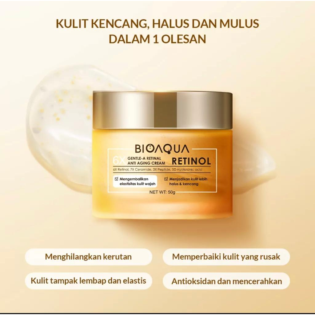 BIOAQUA 6X Gentle-A Retinol Cream Wajah Anti Aging Pelembab Wajah 50g Glowing Cream Krim With Retinol, Peptide, Ceramide, Hyaluronic Acid