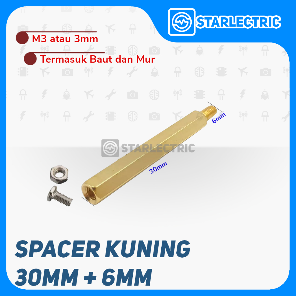 Spacer Besi Kuningan M3 Hex Screw 30+6 PCB 30mm Lengkap Mur Baut 3CM