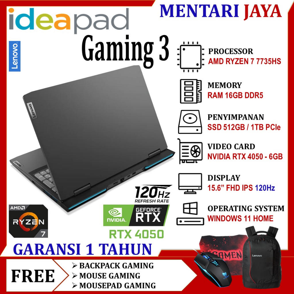 Lenovo Ideapad Gaming 3 15ARH7 RTX 4050 6GB Ryzen 7 7735HS 16GB 2TB SSD FHD 120Hz Win11