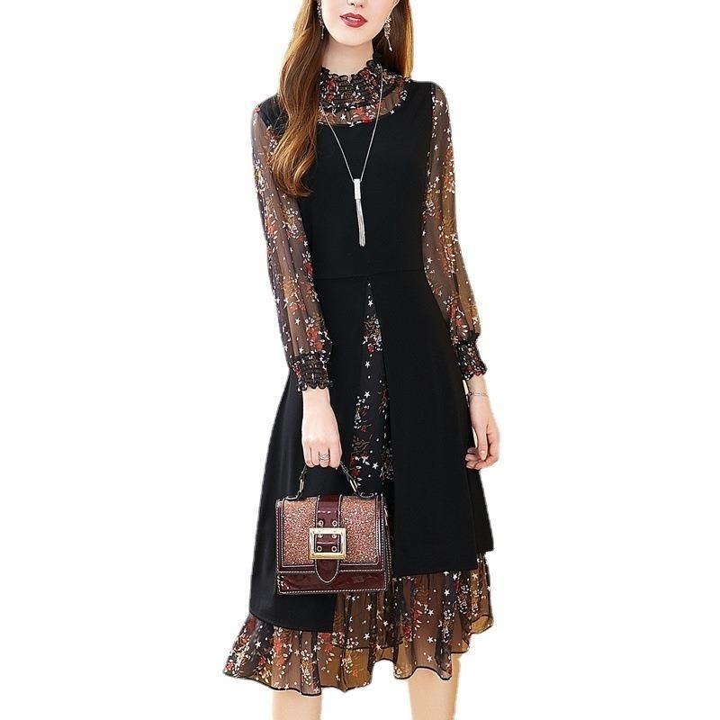 Dress spring and autumn fashion temperament new slim fake two-piece mid-length chiffon floral M509