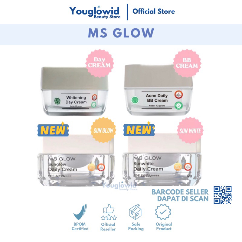 【Official Store】MS GLOW Whitening Day Cream Acne BBCream Sunglow Sunwhite Daily Cream SPF 30 50 PA++++ Krim Siang Msglow Pencerah Pemutih Kulit Wajah Kering Oily Sensitif Anti Bakteri Jerawat Bekas Noda Hitam Flek Anti Aging Glowing Whitening Viral BPOM