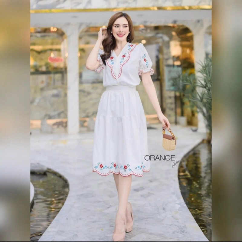 Dress One Set Bordir Bunga BKK Orange