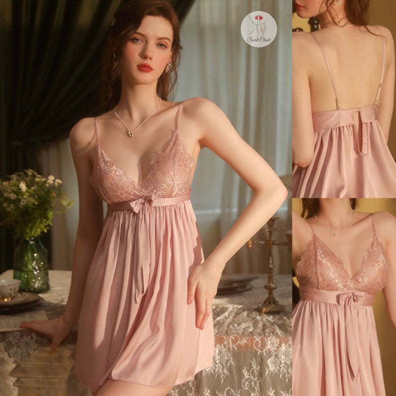 SecretCloset - Premium Satin Silk Sexy Lingerie Pink Baju Dinas Malam Kado Seserahan Kado Wedding An