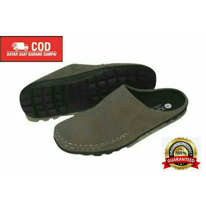 Sepatu Sandal Pria /Kulit Selop Tutong /sepatu sorong hitam abu-abu