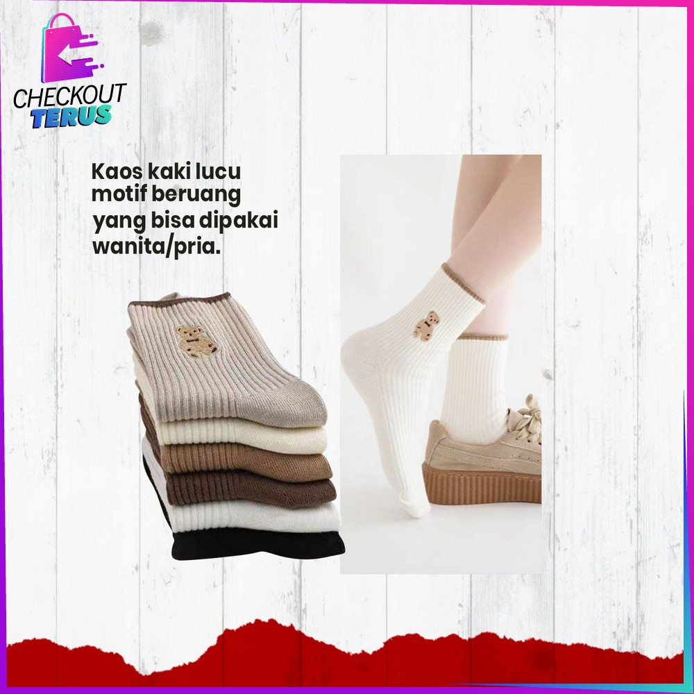 CT P568 Kaos Kaki Wanita Korea Motif Beruang Korean Style Kaus Kaki Panjang Setinggi Betis Karakter Cute Bear Socks