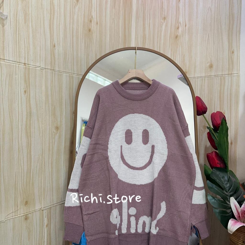 Smile oversize sweater - Setelan kulot rajut sweater motif smile (celana+atasan)