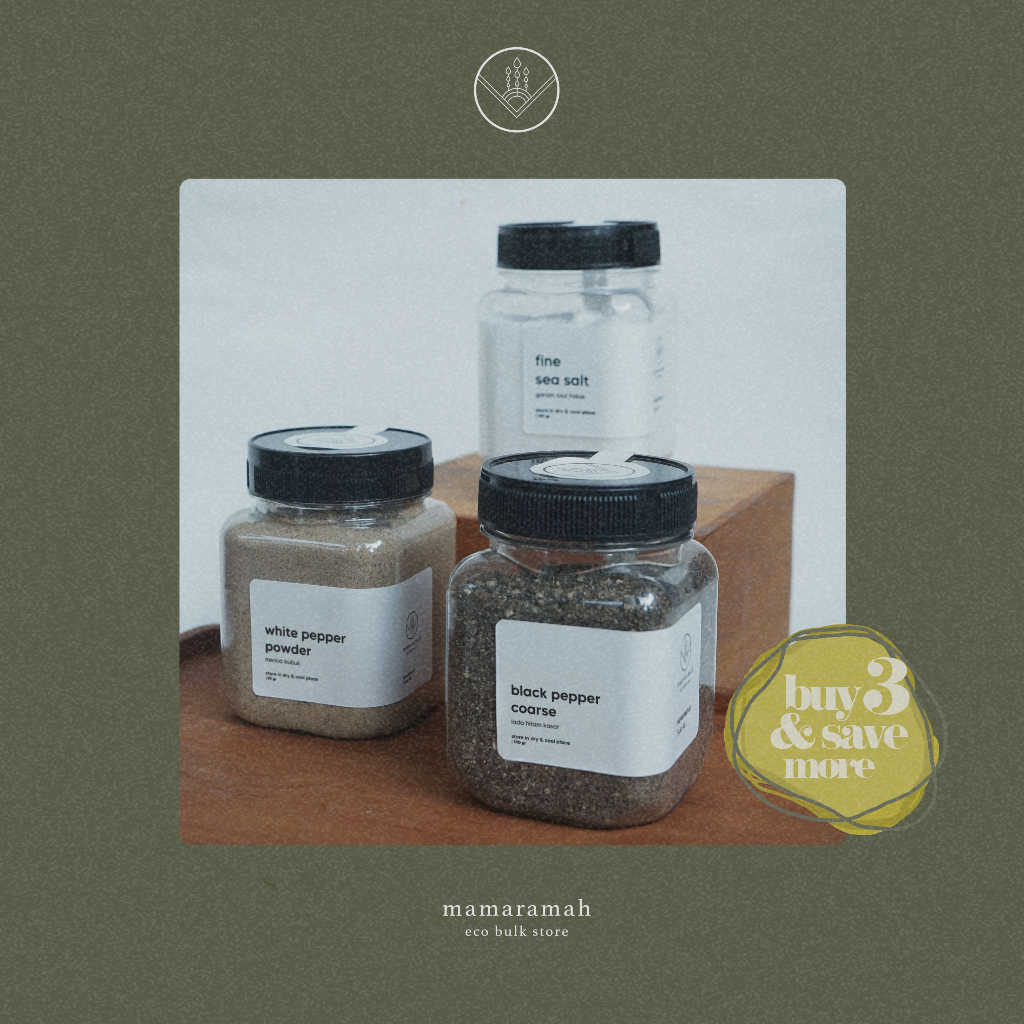 

Garam Laut Halus • Lada Putih Bubuk • Lada Hitam Kasar (Bundling 3)
