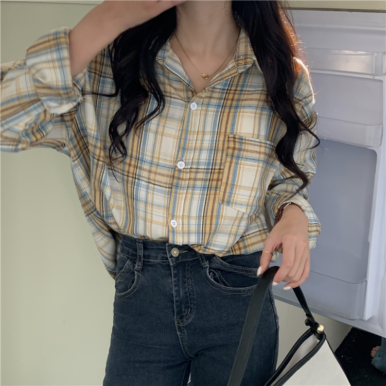 kemeja wanita lengan panjang causual american retro loose plaid shirt blouse wanita kekinian