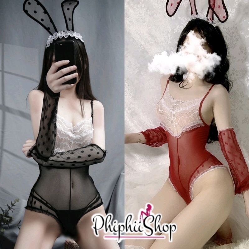 Lingerie Kostum Kelinci Teddy Open Crotch Bunny Girl Set Bando Aksesoris Warna Dual Tone