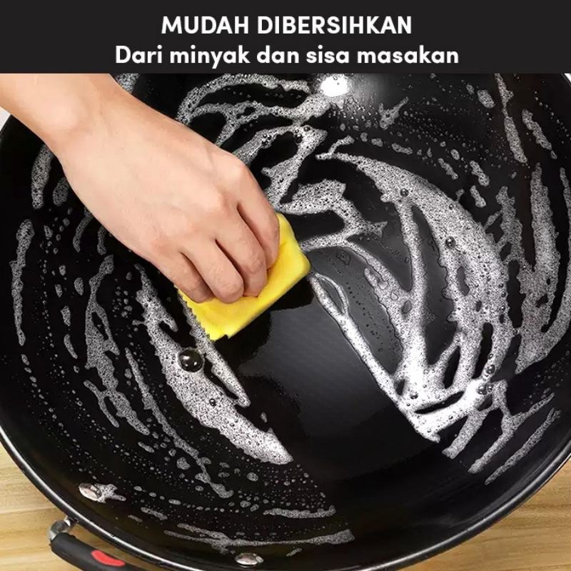 WAJAN ENAMEL HITAM GAGANG PANJANG LIST MERAH - PANCI WAJAN TEBEL ANTI LENGKET 32/34CM - TEFLON HITAM CEKUNG - WOOK PAN JUMBO PENGGGORENGAN HIQH QUALITY