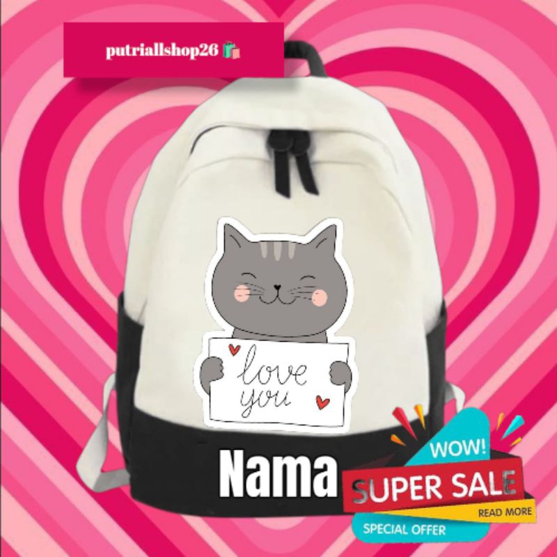 TAS RANSEL ANAK PEREMPUAN MOTIF CAT LOVE (FREE NAMA)