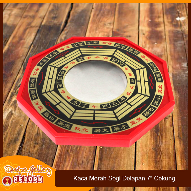 Kaca Cermin Cekung Fengshui Pat Kua Pakua /Ba Gua Segi Delapan Red 7&quot;