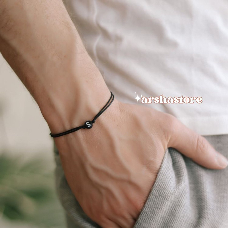 Gelang Inisial Bulat Hitam | Gelang Tali Waterproof | Gelang Huruf
