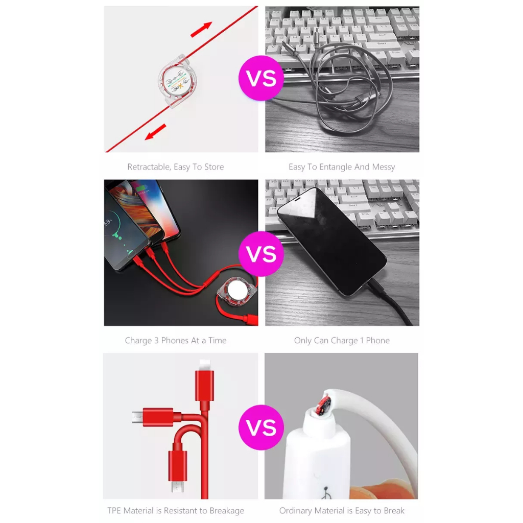 Kabel Charger Tarik Anti Kusut 3 In 1 Micro USB Type C lightning iphone