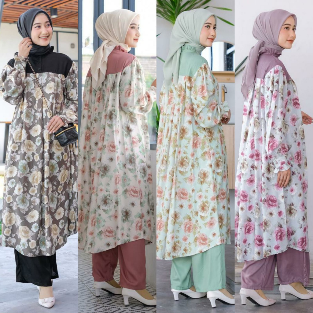 Vente Daily Gea One Set Wanita Kekinian Jumbo Rayon Viscose Premium Motif Bunga Bunga Polos / Baju S