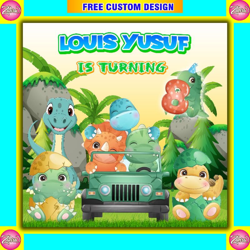 Cetak Spanduk / Backdrop Banner Ulang Tahun Anak / Tema Dino / Dinosaurus / Cetak Custom / Free Desi