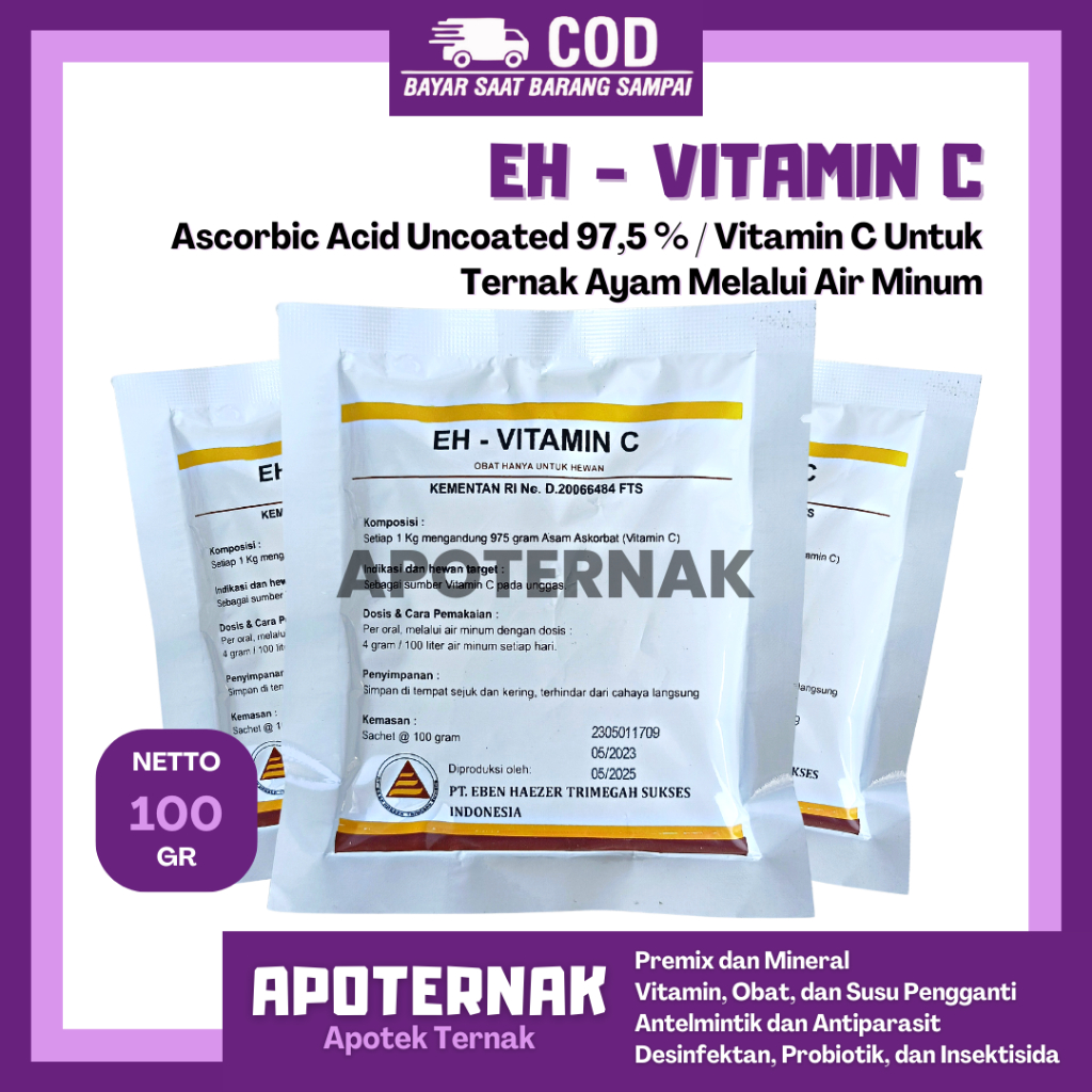 EH VITAMIN C (ASCORBIC ACID UNCOATED 97,5 %) 100 gram | Vitamin C Untuk Ternak Ayam Via Minum