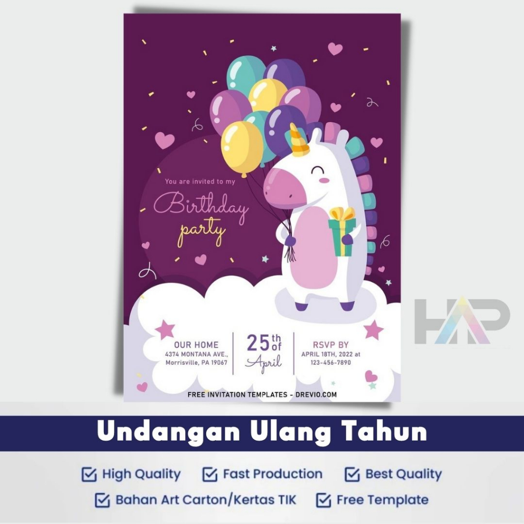 undangan ulang tahun anak tema unicorn