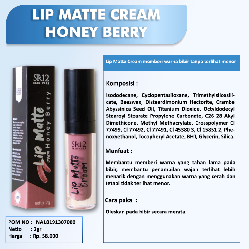 LIP CREAM MATTE SR12 BPOM / LIPSTICK MAKE UP HERBAL / NO PARABEN / TAHAN LAMA &amp; RINGAN / saudagar12