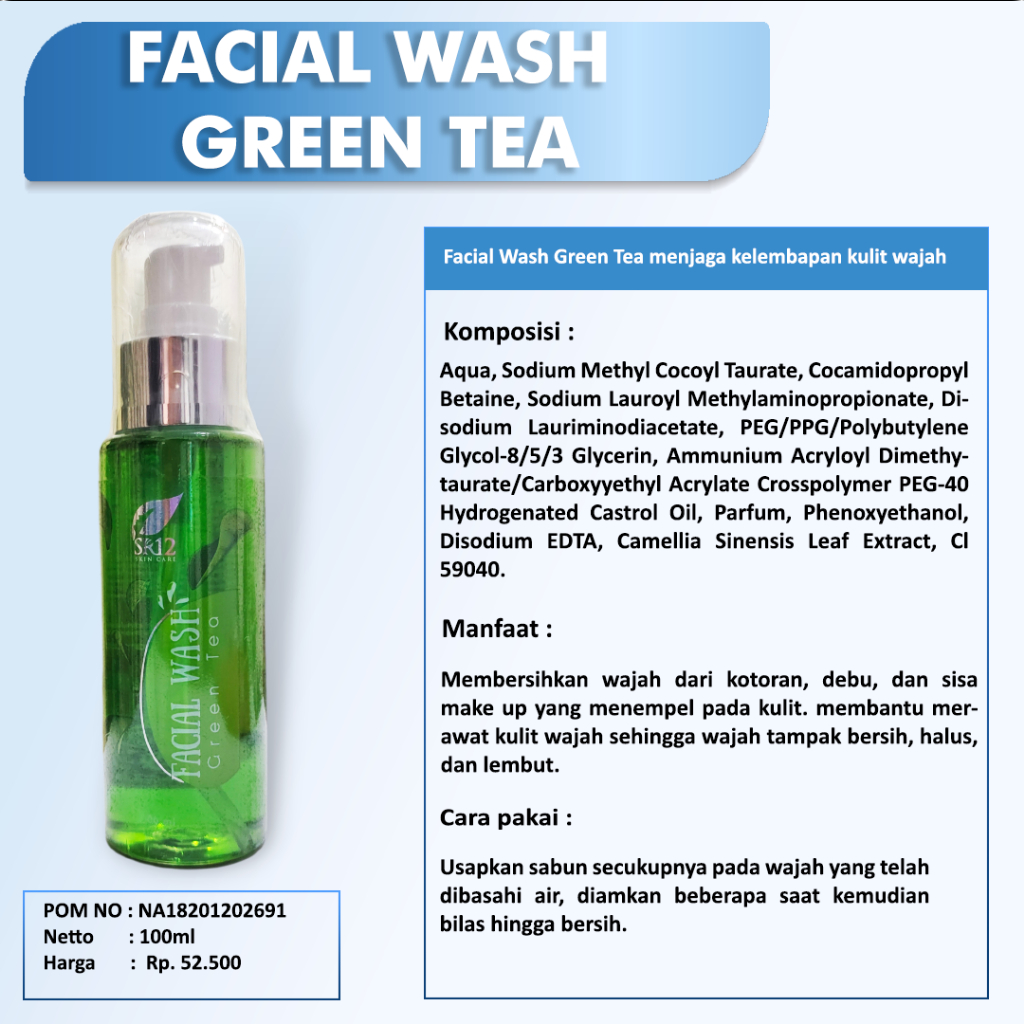 FACIAL WASH GREENTEA SR12 BPOM / MENCERAHKAN WAJAH / SABUN KULIT BERMINYAK BERJERAWAT SENSITIF / saudagarsr12