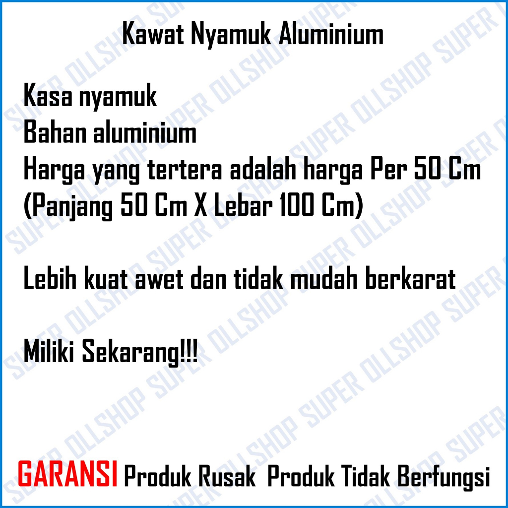 Kawat Nyamuk Jaring Aluminium / Kasa Nyamuk / Jaring Kawat Parabola Anti Karat Murah / Kasa Kawat Nyamuk Penghalang Nyamuk Jaring Aluminium Ventilasi Lubang Angin Ecer 50 Cm