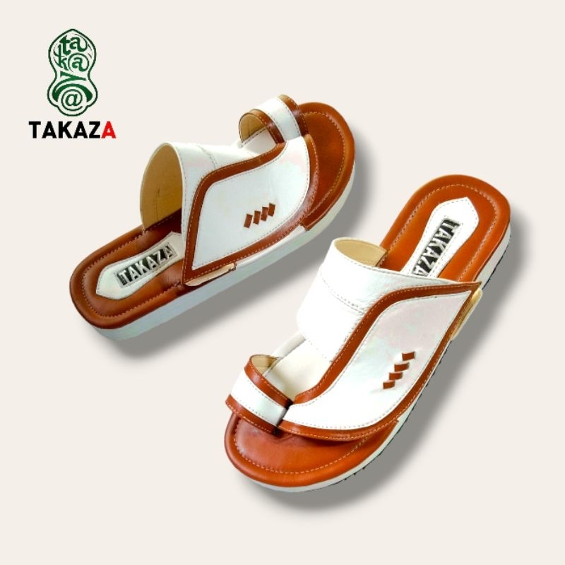 TAKAZA Sandal Kulit Pria Model Arabian Premium Warna Putih Coklat| Sandal Kulit Sapi Asli