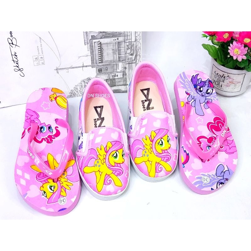 Paket Sepatu Anak Sandal Jepit Anak Paket Slip On Sandal Teplek Anak Perempuan Lucu motif Kuda Poni Pink Family 1 - 8 Tahun