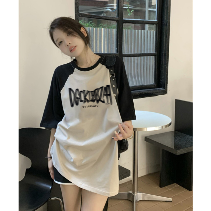 Baju Kaos Wanita Retro Lengan Raglan Oversize Letter Motif Graffiti T-Shirt Kekinian Import Kaos Basic