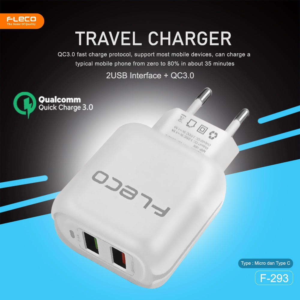 [sultan] Promo Quick Charger Adaptor 3.0A 2 USB Charger Portable Multifunction Travel Charger F-293 FLECO FREE kabel micro dan type-c