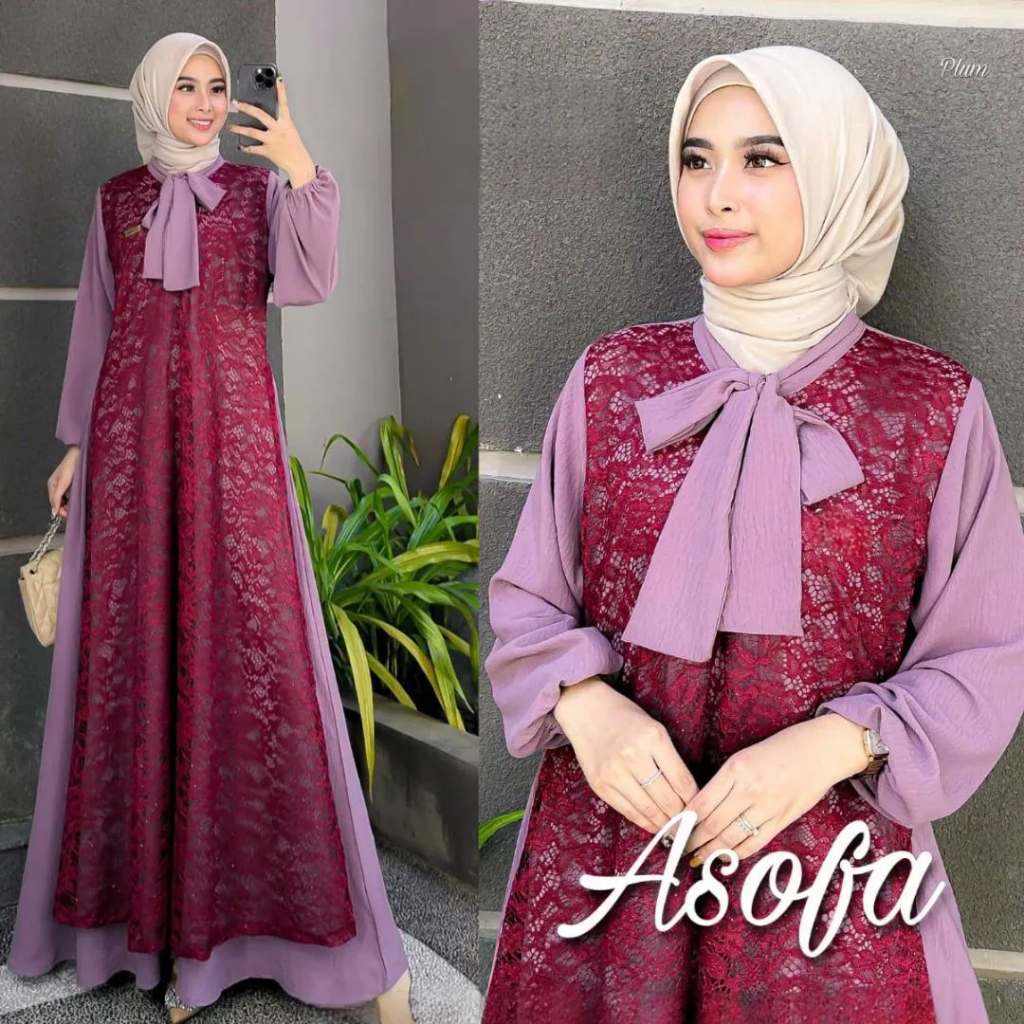 Asofa Dress Baju Muslim Kondangan Gamis Dress Pesta Mewah Dan Elegan Bahan Crinkle Airflow Mix Cornelli Zipper Depan Cutting Line A Umbrella