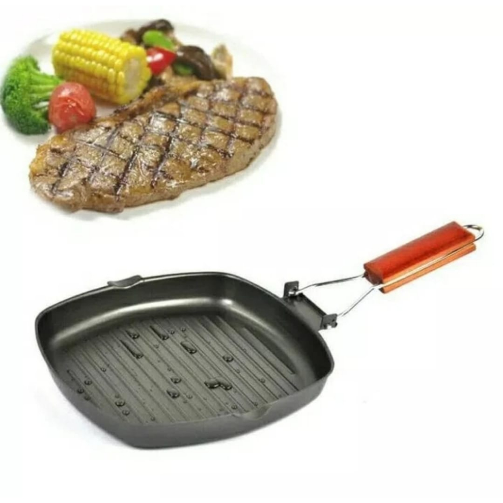 Panci Panggang Square Grill Pan Foldable 20Cm Wajan BBQ Anti Lengket Bentuk Kotak Panci Pemanggang Bakaran Sate Serbaguna