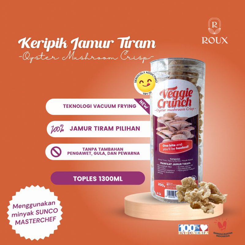 

VEGGIE CRUNCH KERIPIK JAMUR TIRAM PREMIUM TOPLES 1300ml GURIH ENAK KRENYES SEHAT HEALTHY SNACK