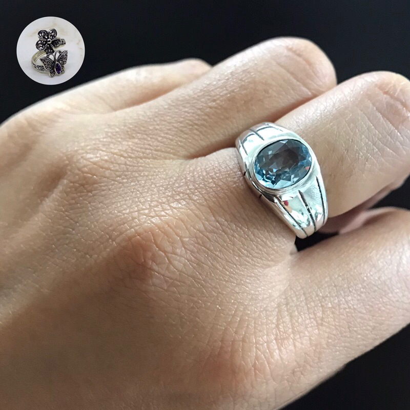 cincin perak pria motif polos hiasan garis permata